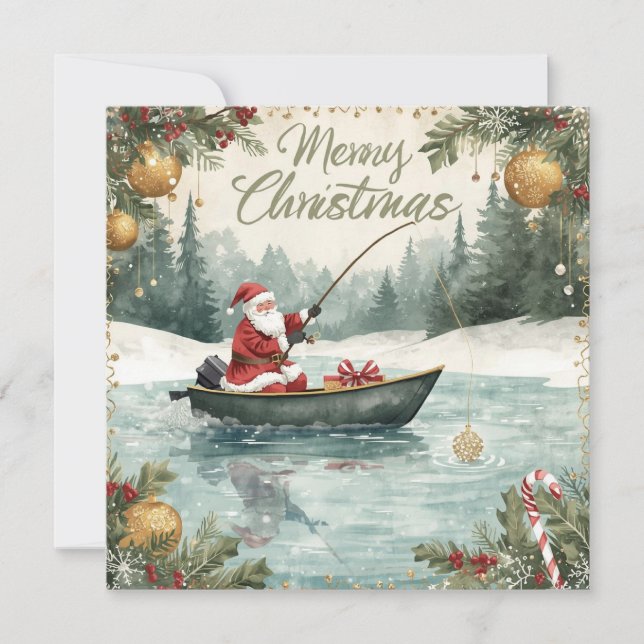Fishing Christmas with Santa Claus in the Winter Holiday Card (Front)