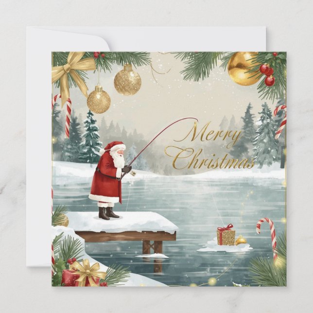 Fishing Christmas with Santa Claus in the Winter Holiday Card (Front)