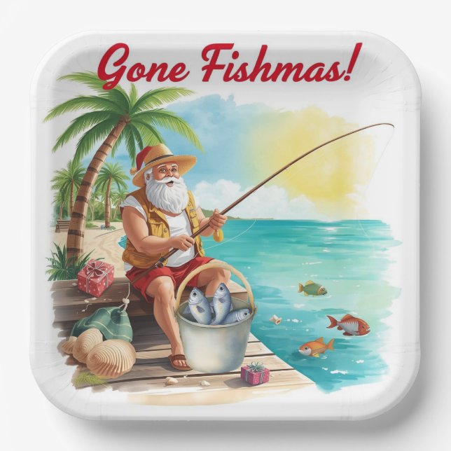 Fishing Christmas with Santa Claus Paper Plate (Front)