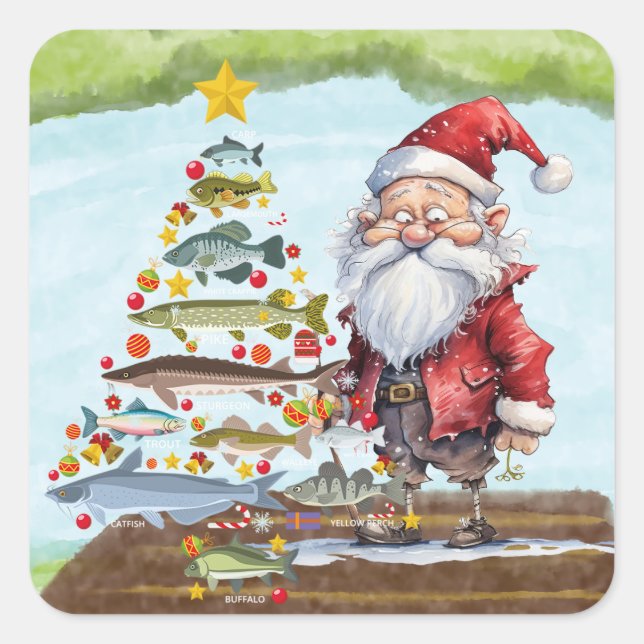 Fishing Christmas with Santa Claus Square Sticker (Front)