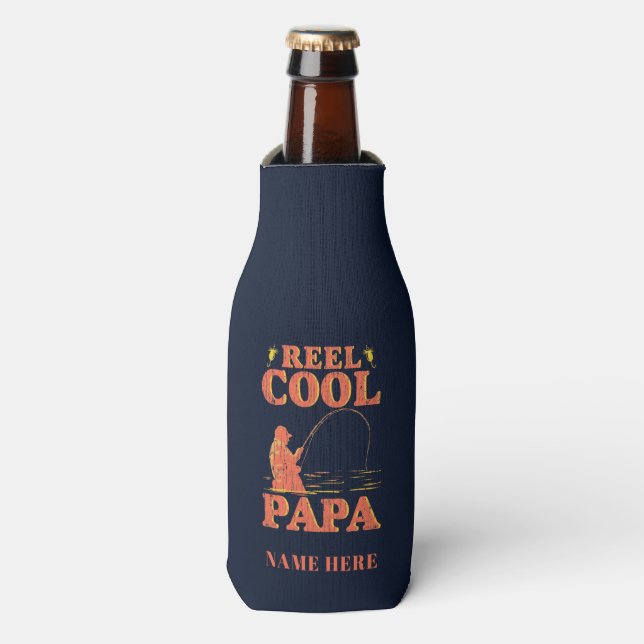 Fishing Dad Reel Cool Papa Father's Day Bottle Cooler (Bottle Front)