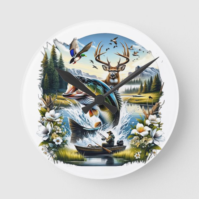 Fishing, Deer, Duck Hunting Round Clock (Front)