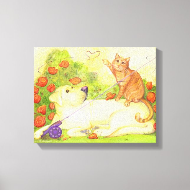 Fishing Dog and Cat / Wrapped Canvas 14" x 11" (Front)