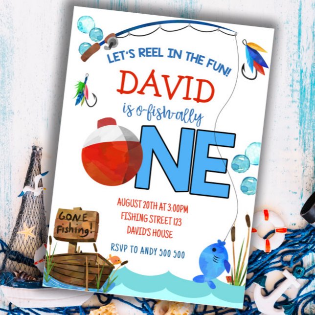 Fishing First Birthday Boy Party O-fish-ally Invitation (Gone fishing 1st birthday invitation for boys)