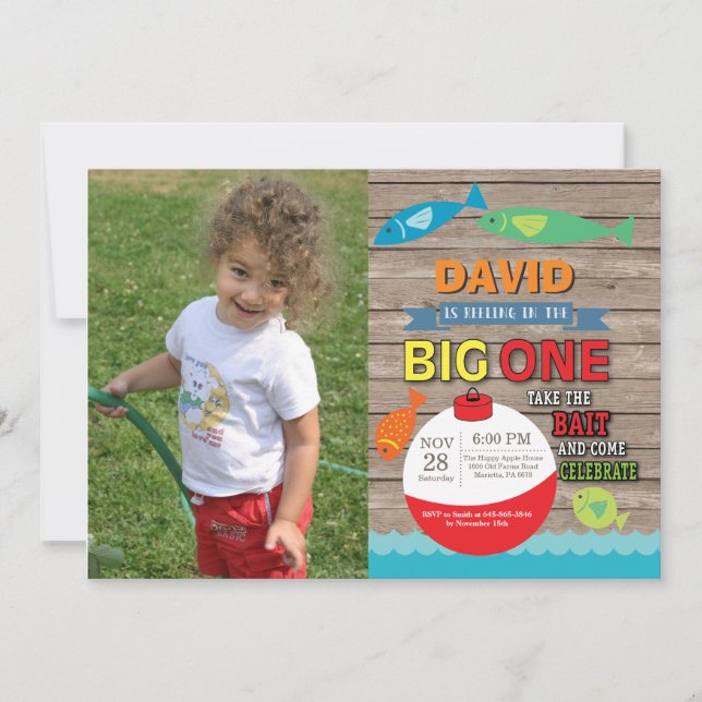Fishing First Birthday Invitation Big One Rustic (Front)