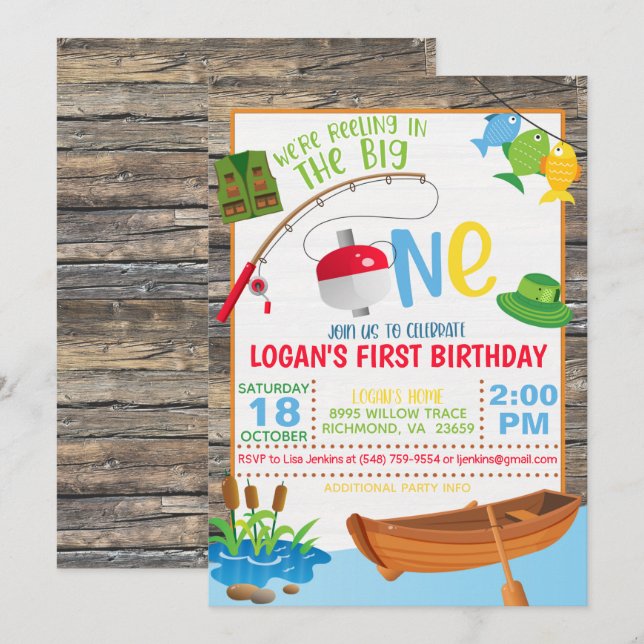 Fishing First Birthday Invitation - The Big One (Front/Back)