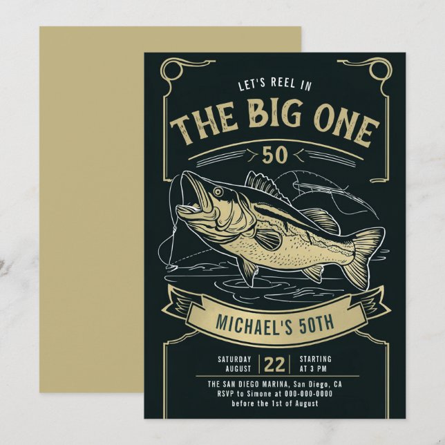 Fishing Fish Reel Black Gold Men 50th Birthday Invitation (Front/Back)