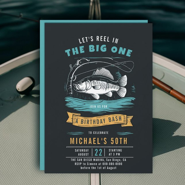 Fishing Fish Reel Blue Black Men 50th Birthday Invitation (fishing 50th birthday invitation men big one fish reel rod elegant modern simple classy)