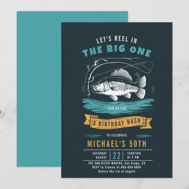 Fishing Fish Reel Blue Casual Men 50th Birthday Invitation (Front/Back)