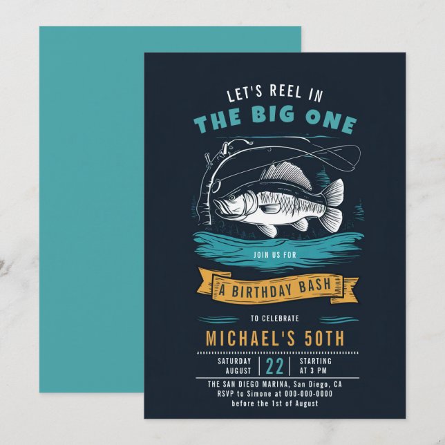 Fishing Fish Reel Blue Navy Men 50th Birthday Invitation (Front/Back)
