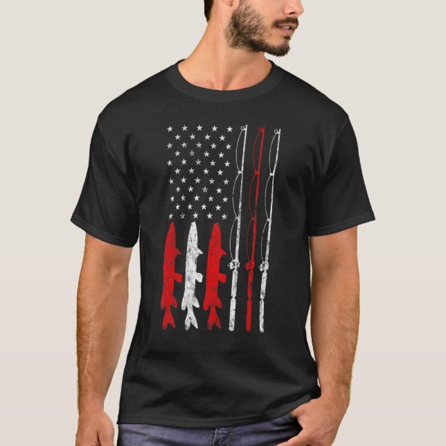 Fishing fish Rod line Reel stripes American Flag F T-Shirt (Front)