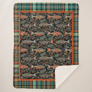 Fishing Freshwater Brook Trout Lake Life Plaid  Sherpa Blanket