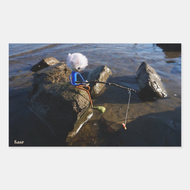 Fishing Fubby on a rock. Rectangular Sticker (Front)