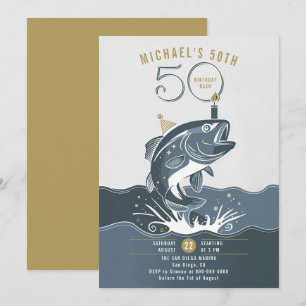 Fishing Fun Big Fish Blue Casual Men 50th Birthday Invitation