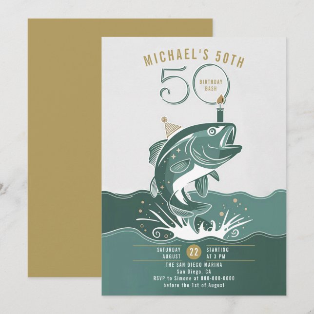Fishing Fun Big Fish Green Men 50th Birthday Invitation (Front/Back)