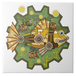 Fishing Gear, Whimsical Mechanical Fish Tile