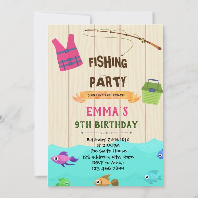 Fishing girl birthday party invitation (Front)