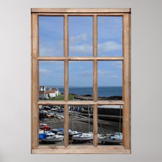 Fishing Harbour View from a Window Poster (Front)