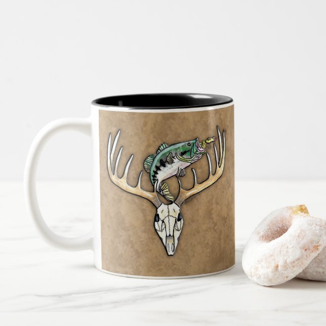 Fishing Hunting Bass jump Deer Skull Antlers Two-Tone Coffee Mug (With Donut)