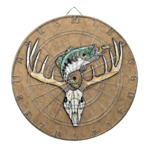 Fishing Hunting Bass jump over Deer Skull Antlers Dartboard