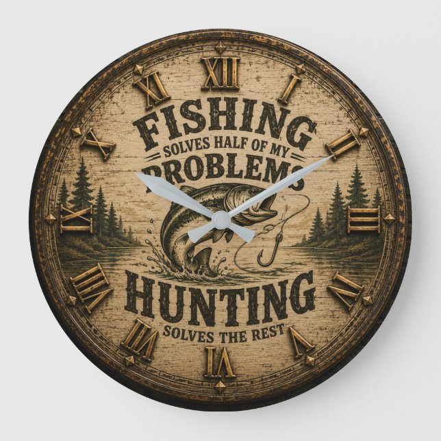 Fishing Hunting Cabin Fisherman & Hunter Gift Large Clock (Front)