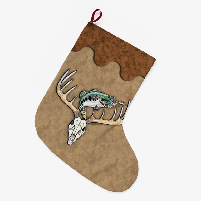 Fishing Hunting Deer Antlers Jumping Fish Large Christmas Stocking (Front (Hanging))
