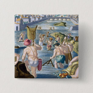 Fishing in Shallow Waters Using Nets, plate 96 fro 15 Cm Square Badge