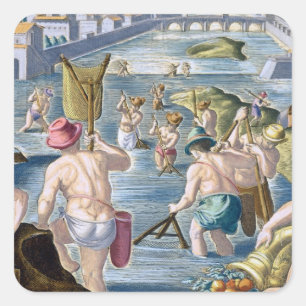 Fishing in Shallow Waters Using Nets, plate 96 fro Square Sticker