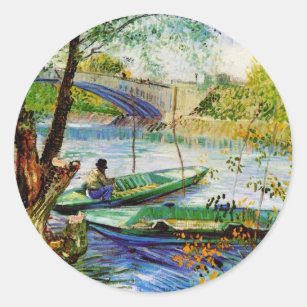 Fishing in Spring, Vincent van Gogh. Classic Round Sticker