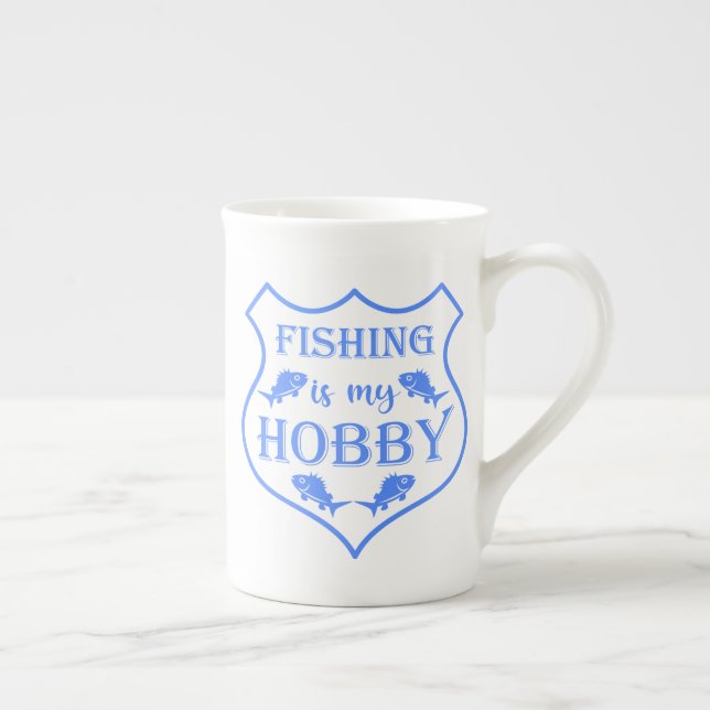 Fishing is my hobby shield quote on crest  bone china mug (Right)
