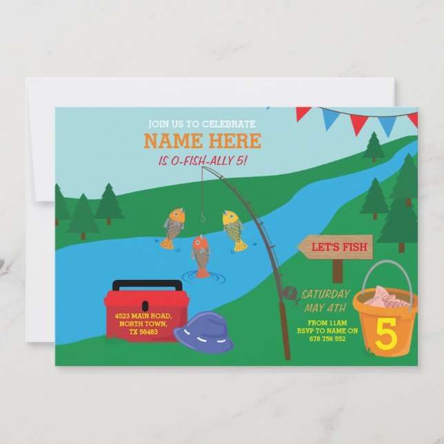 Fishing Let's Birthday Party Blue Fish Invitation (Front)