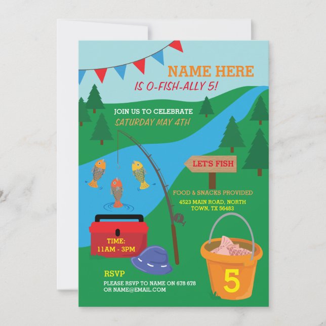 Fishing Let's Fish BIRTHDAY PARTY Lake Rod invite (Front)
