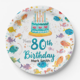 Fishing Lover 80th Birthday Watercolor Paper Plate