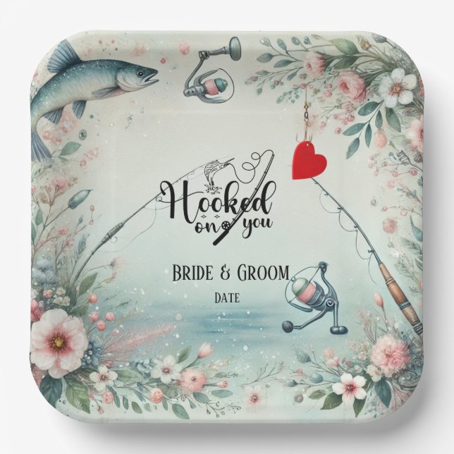 Fishing Lover wedding with rod and flowers  Paper Plate (Front)