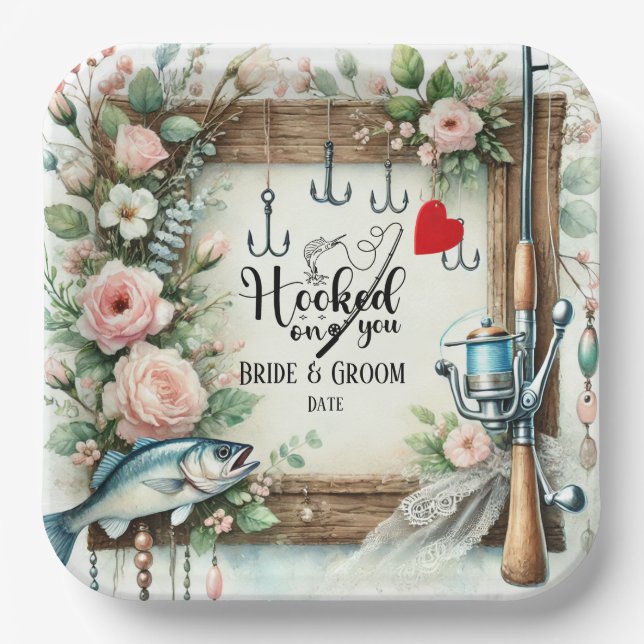 Fishing Lover wedding with rod and flowers  Paper Plate (Front)
