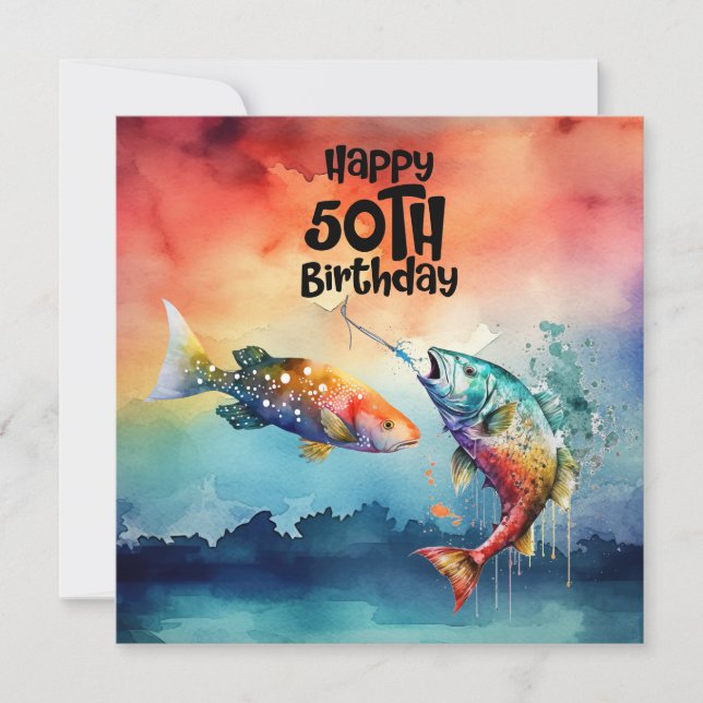 Fishing lovers 50th  birthday Fish   watercolor   Card (Front)