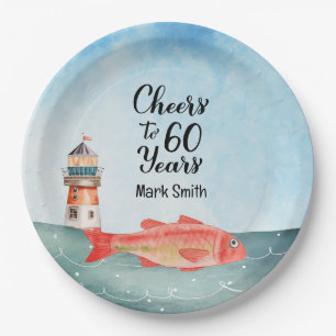 Fishing Lovers 60th Birthday watercolor Paper Plate