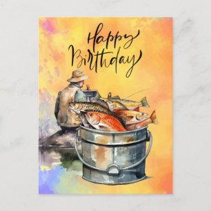 Fishing lovers birthday with Fish watercolor  Postcard