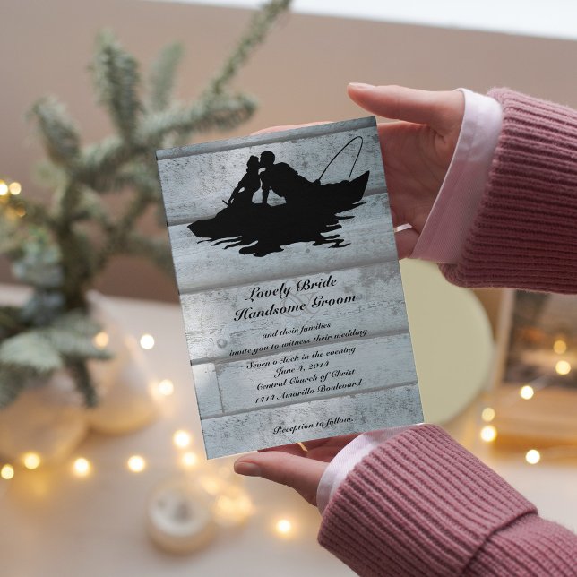 Fishing Lovers Boat Old Wood Wedding Invitation (Creator Uploaded)