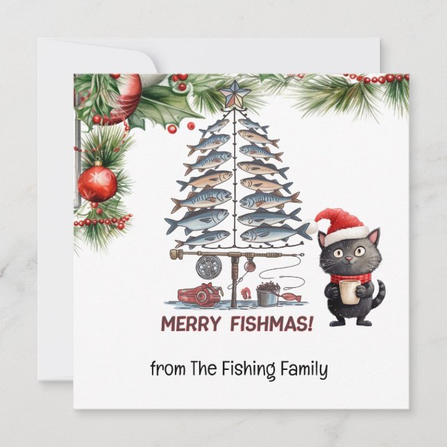 Fishing Lovers Christmas  Santa Claus Cat Lovers Holiday Card (Front)