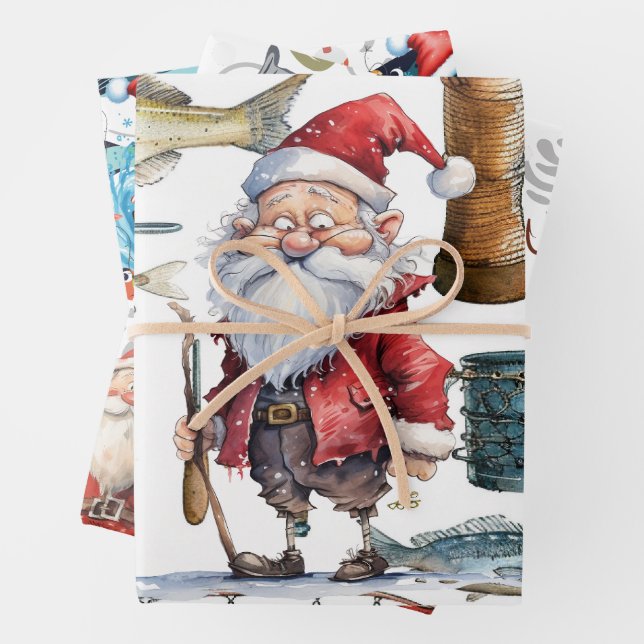 Fishing Lovers Christmas with Santa Claus Wrapping Paper Sheet (In situ)