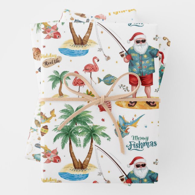 Fishing Lovers Christmas with Santa Claus Wrapping Paper Sheet (In situ)