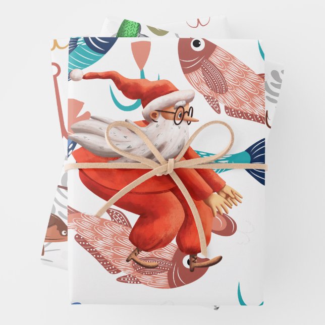 Fishing Lovers Christmas with Santa Claus Wrapping Paper Sheet (In situ)