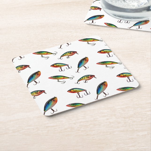 Fishing Lure Pattern Square Paper Coaster (Angled)
