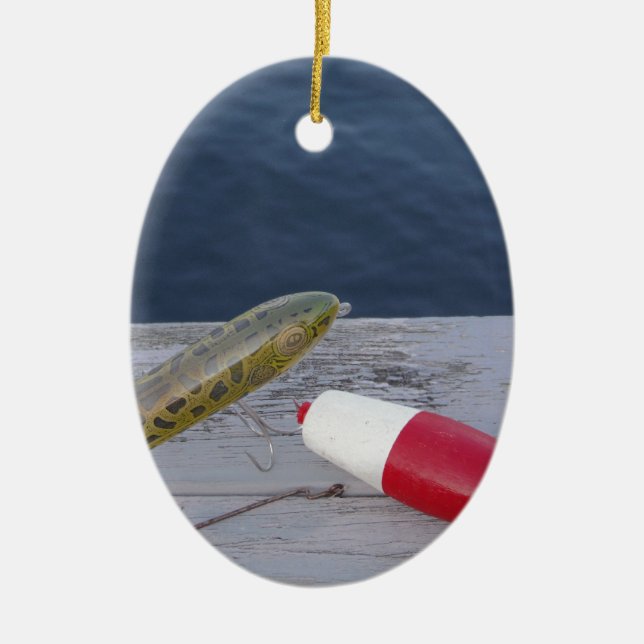 fishing lures at the lake red white blue... ceramic tree decoration (Front)
