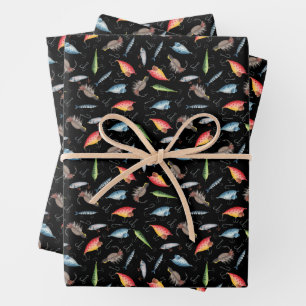 Fishing Lures on Black Wrapping Paper Sheet