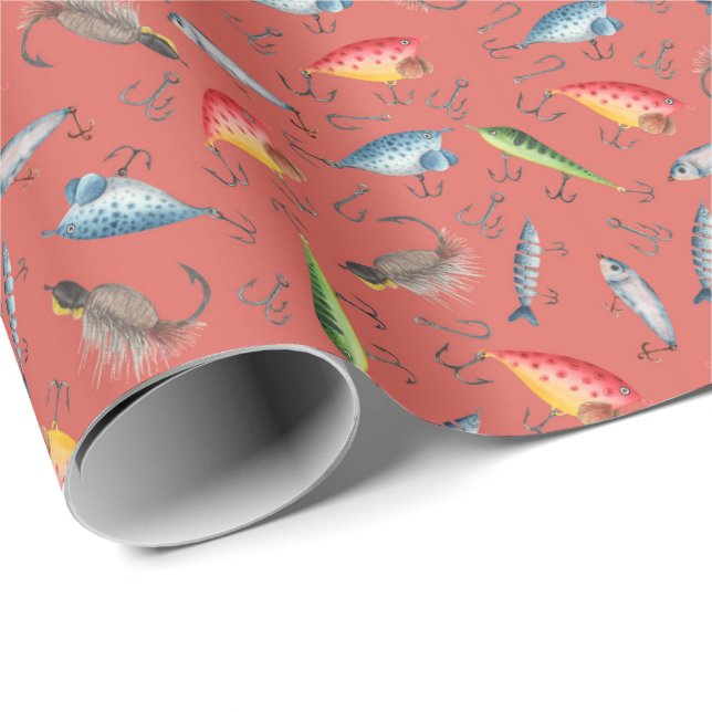 Fishing Lures on Dark Coral Pink Wrapping Paper (Roll Corner)