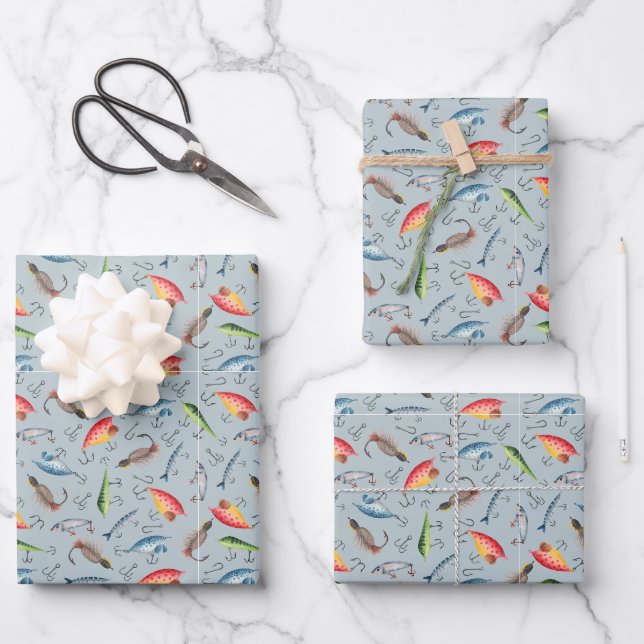 Fishing Lures on Light Blue-Grey Wrapping Paper Sheet (Front)