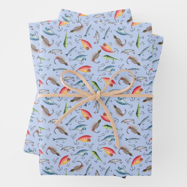 Fishing Lures on Light Blue Wrapping Paper Sheet (In situ)
