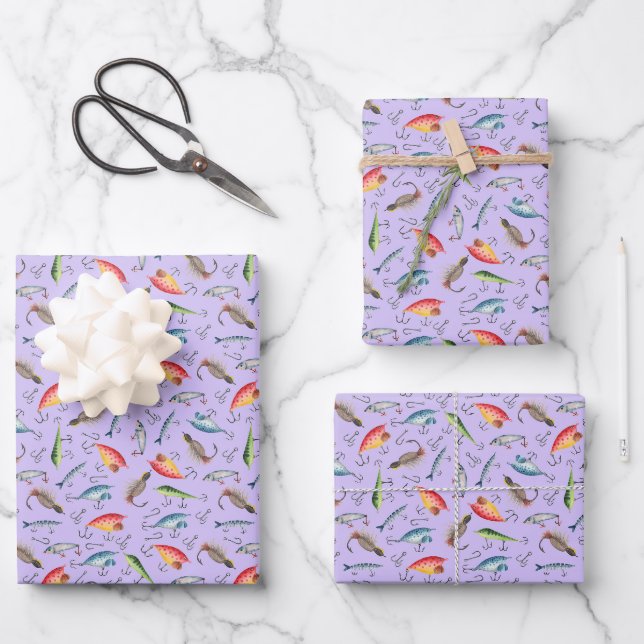 Fishing Lures on Light Purple Wrapping Paper Sheet (Front)